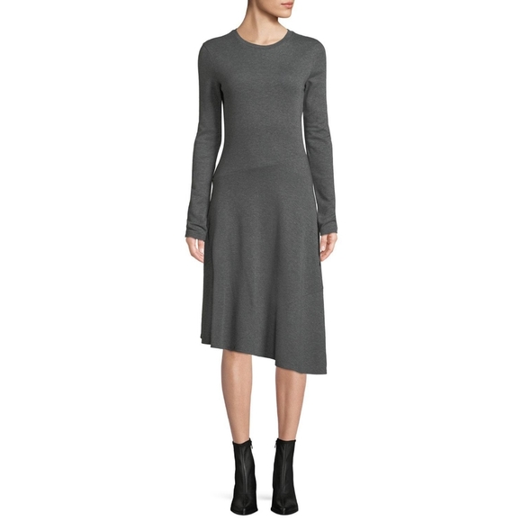 Vince Gray Asymmetric Long Sleeve Midi Dress – Size L – Soft Stretch Knit - Picture 2 of 10